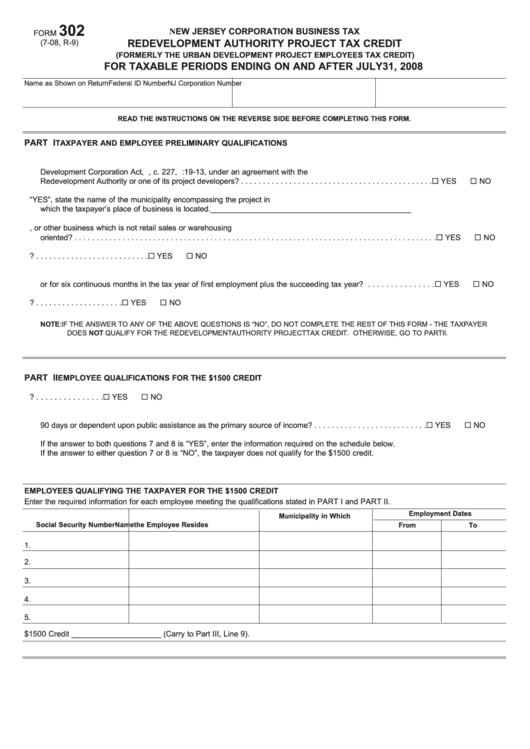 Fillable Form 302 - Redevelopment Authority Project Tax Credit (Formerly The Urban Development Project Employees Tax Credit) Printable pdf