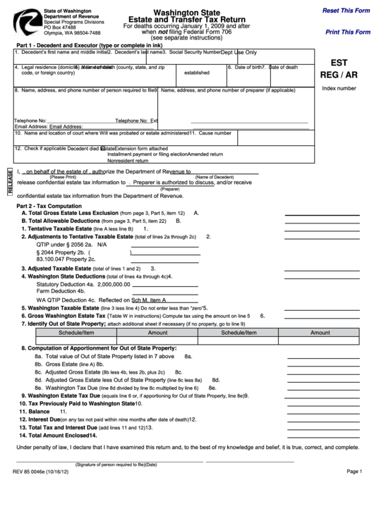 Fillable Form 85 0046e - Washington State Estate And Transfer Tax Return Printable pdf