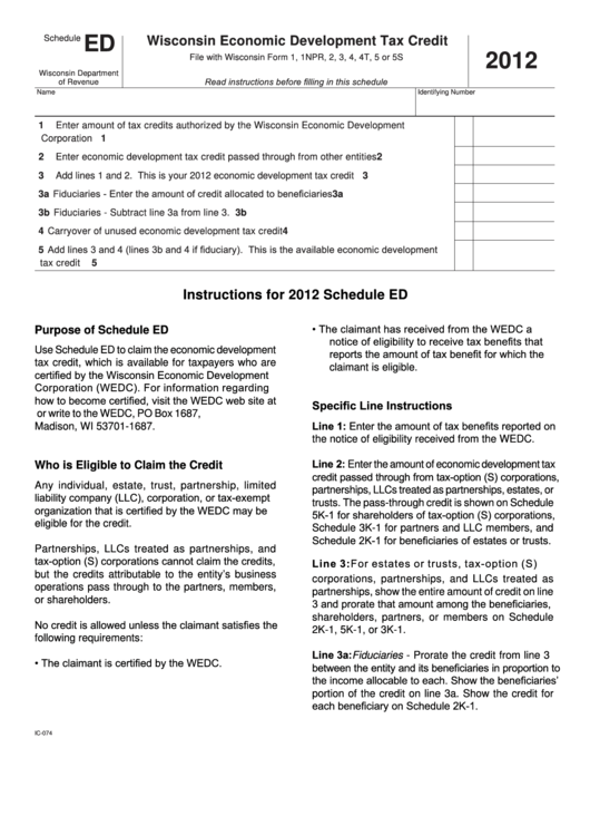 Fillable Schedule Ed - Wisconsin Economic Development Tax Credit - 2012 Printable pdf