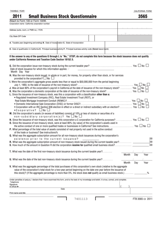 Fillable California Form 3565 - Small Business Stock Questionnaire - 2011 Printable pdf