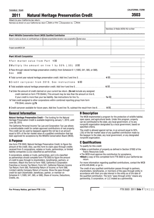 Fillable Caloifornia Form 3503 - Natural Heritage Preservation Credit - 2011 Printable pdf
