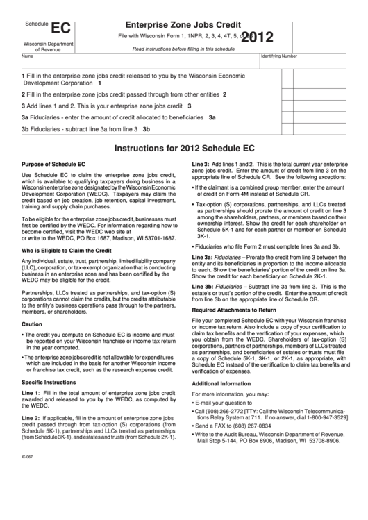 Fillable Schedule Ec - Enterprise Zone Jobs Credit - 2012 Printable pdf
