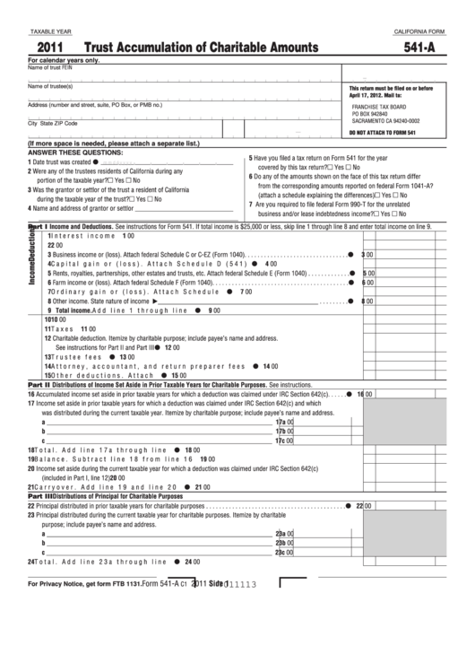 Fillable California Form 541-A - Trust Accumulation Of Charitable Amounts - 2011 Printable pdf