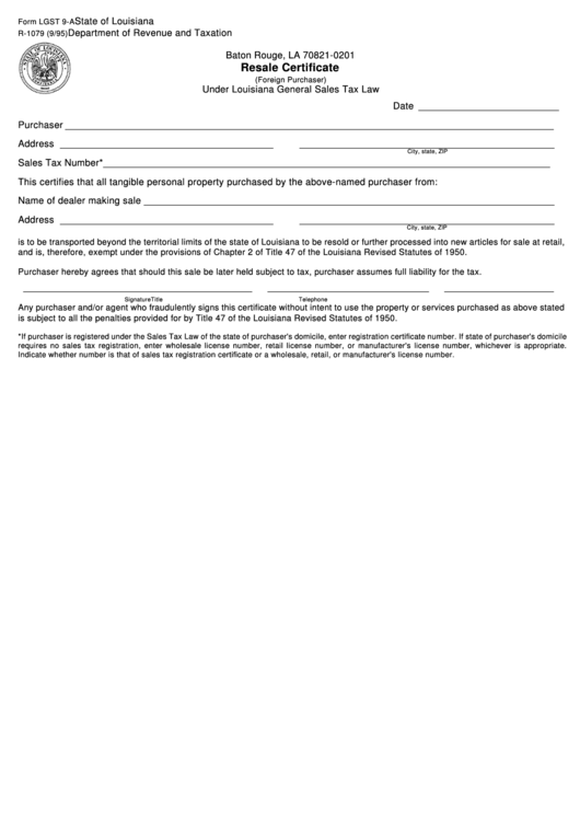 Fillable Form Lgst 9-A - Resale Certificate (Foreign Purchaser) Printable pdf
