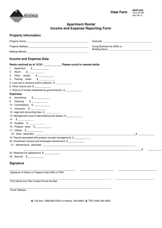 Fillable Montana Form Id-Ar - Apartment Rental Income And Expense Reporting Form Printable pdf