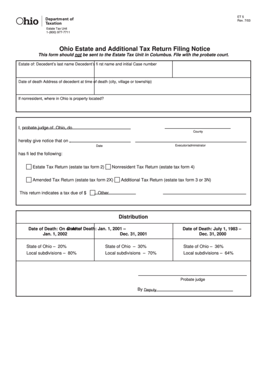 Fillable Form Et 5 - Ohio Estate And Additional Tax Return Filing Notice Printable pdf