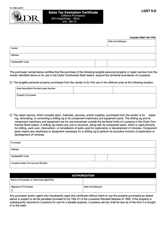 Fillable Form R-1096 - Sales Tax Exemption Certificate (Offshore Purchasers) Printable pdf