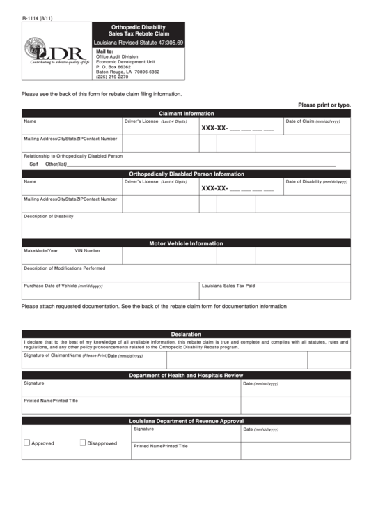 Fillable Form R-1114 - Orthopedic Disability Sales Tax Rebate Claim Printable pdf