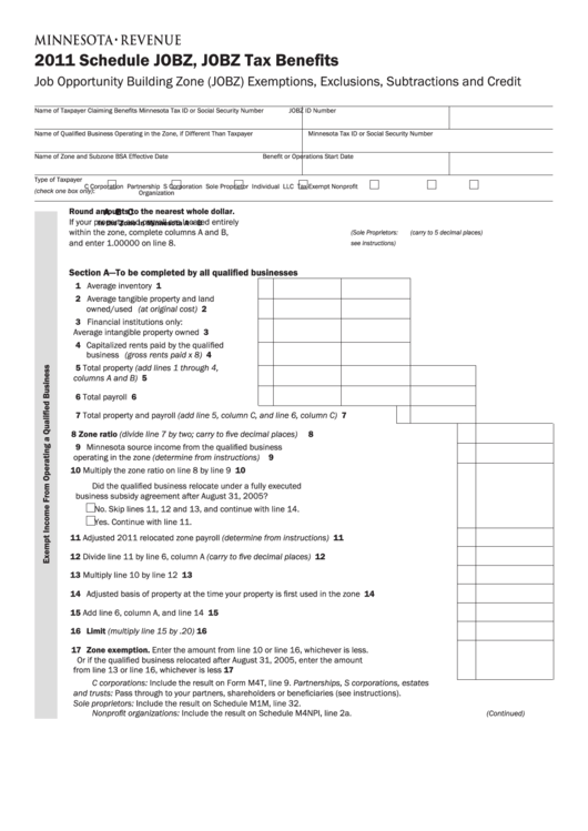 Fillable Schedule Jobz - Jobz Tax Benefits - 2011 Printable pdf