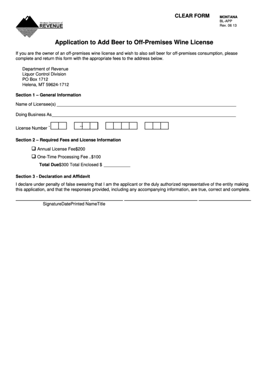Fillable Montana Form Bl-App - Application To Add Beer To Off-Premises Wine License Printable pdf