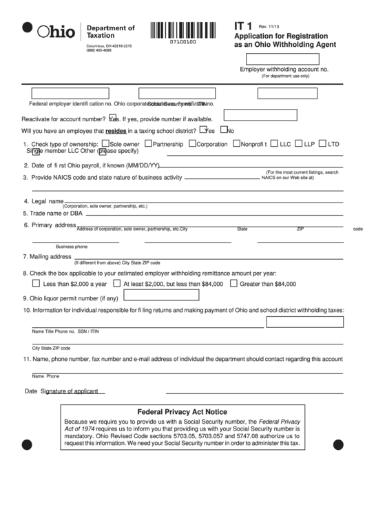 Fillable Form It 1 - Application For Registration As An Ohio Withholding Agent Printable pdf