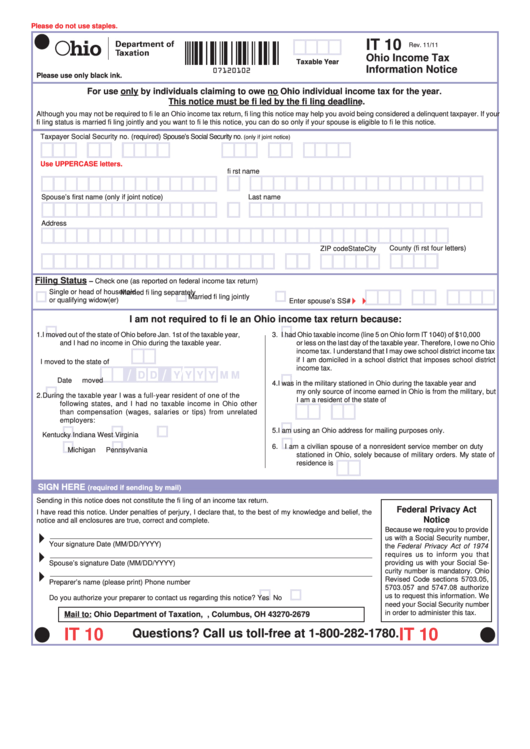 Fillable Form It 10 - Ohio Income Tax Information Notice Printable pdf