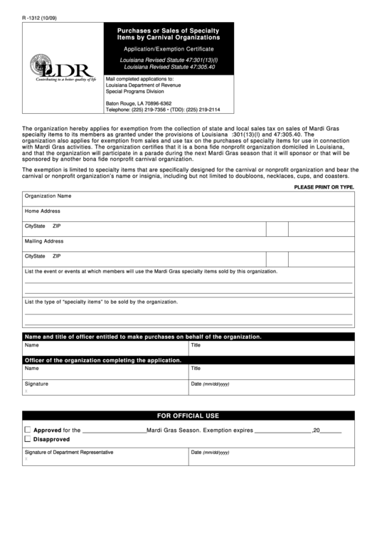 Fillable Form R -1312 - Purchases Or Sales Of Specialty Items By Carnival Organizations Printable pdf