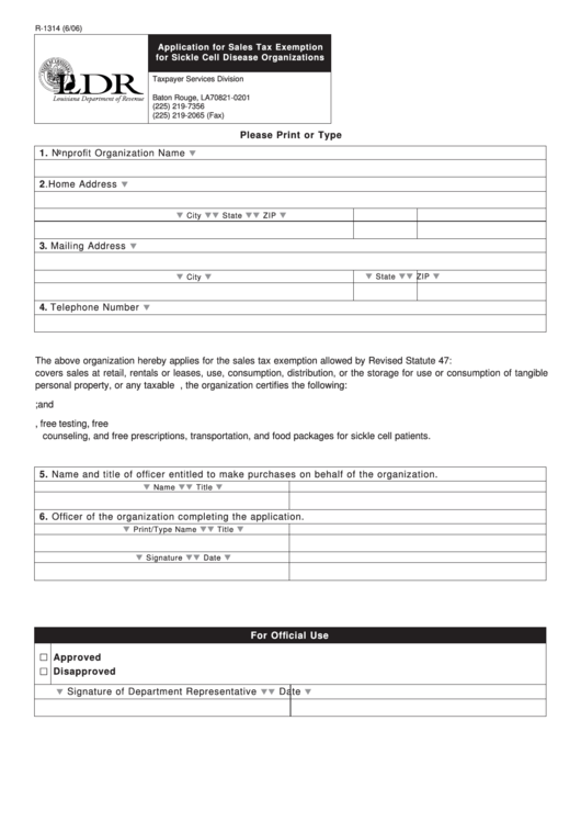 Fillable Form R-1314 - Application For Sales Tax Exemption For Sickle Cell Disease Organizations Printable pdf