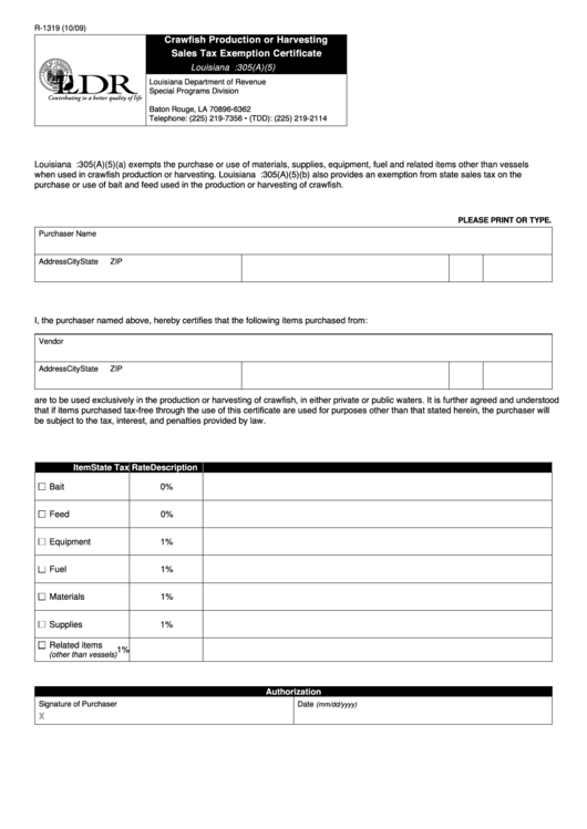 Fillable Form R-1319 - Crawfish Production Or Harvesting Sales Tax Exemption Certificate Printable pdf