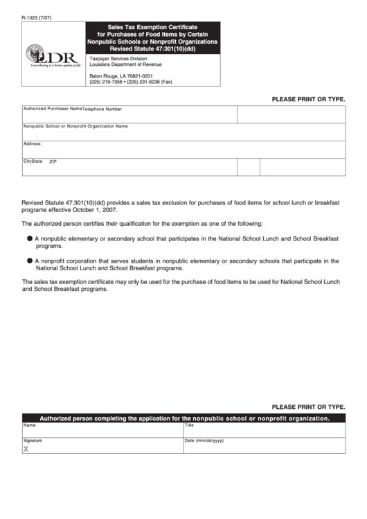 Fillable Form R-1323 - Sales Tax Exemption Certificate For Purchases Of Food Items By Certain Nonpublic Schools Or Nonprofit Organizations Printable pdf