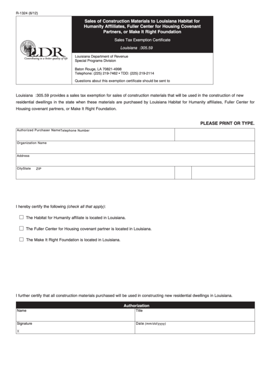 Fillable Form R-1324 - Sales Of Construction Materials To Louisiana Habitat For Humanity Affliliates, Fuller Center For Housing Covenant Partners, Or Make It Right Foundation Printable pdf