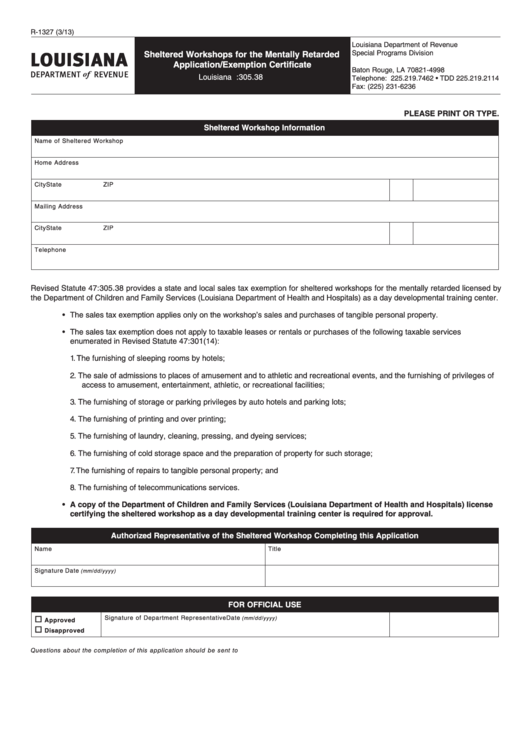 Fillable Form R-1327 - Sheltered Workshops For The Mentally Retarded Application/exemption Certificate Printable pdf