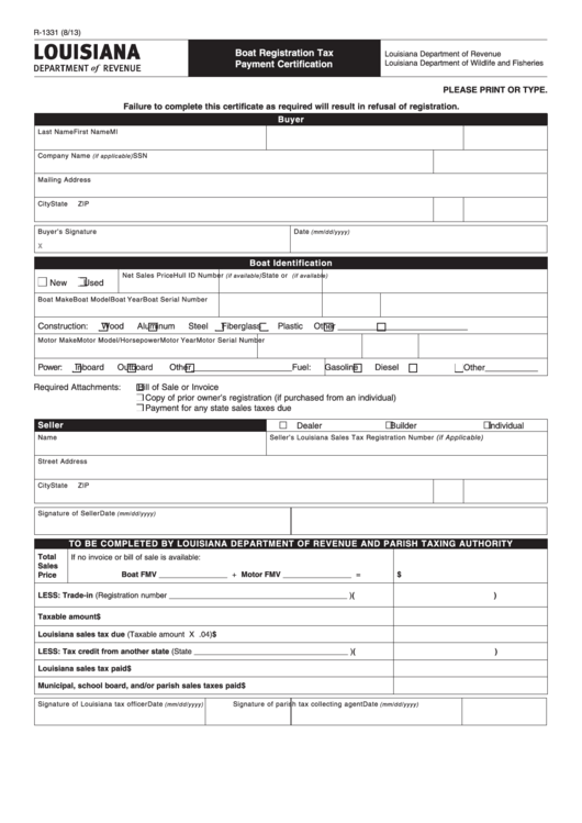 Fillable Form R-1331 - Boat Registration Tax Payment Certification Printable pdf