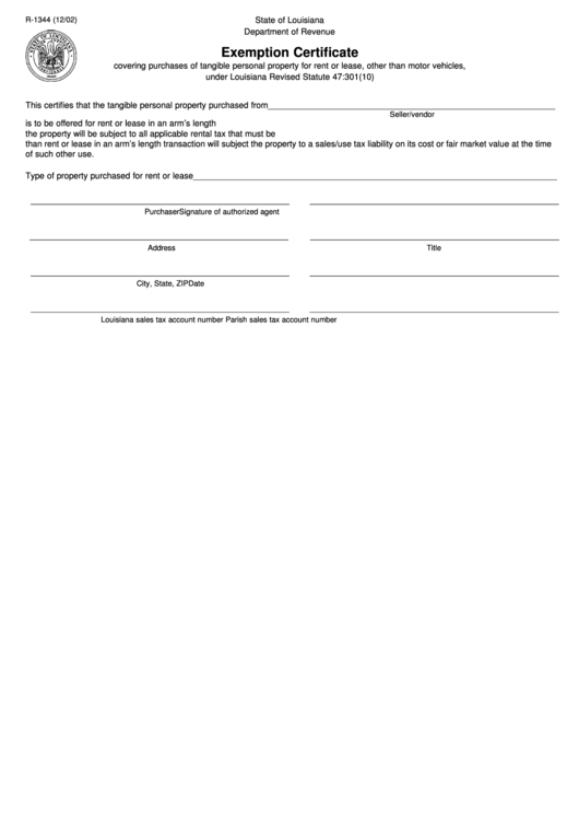 Fillable Form R-1344 - Exemption Certificate Printable pdf
