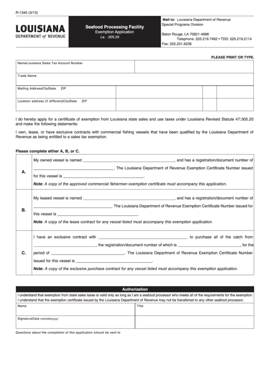 Fillable Form R-1345 - Seafood Processing Facility Printable pdf