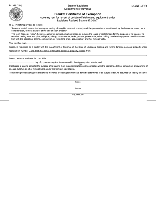 Fillable Form R-1353 - Blanket Certificate Of Exemption Printable pdf