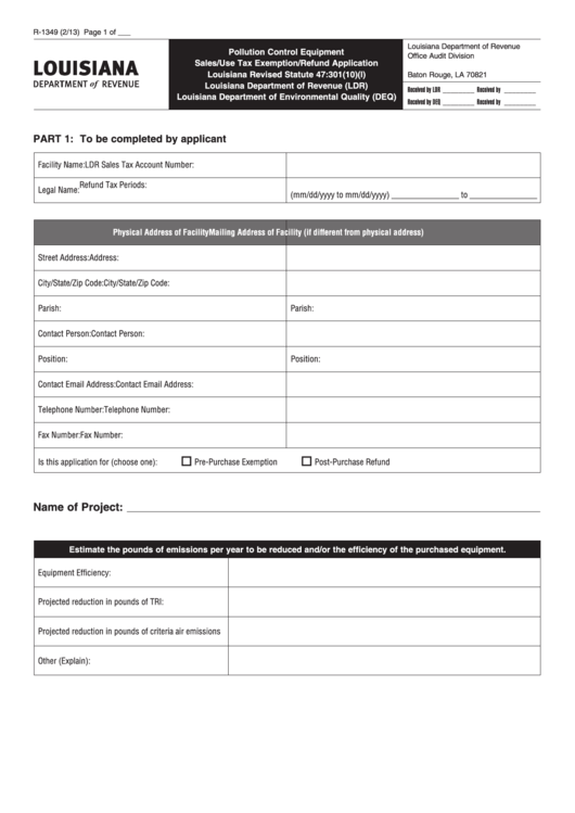 Fillable Form R-1349 - Pollution Control Equipment Sales/use Tax Exemption/refund Application Printable pdf