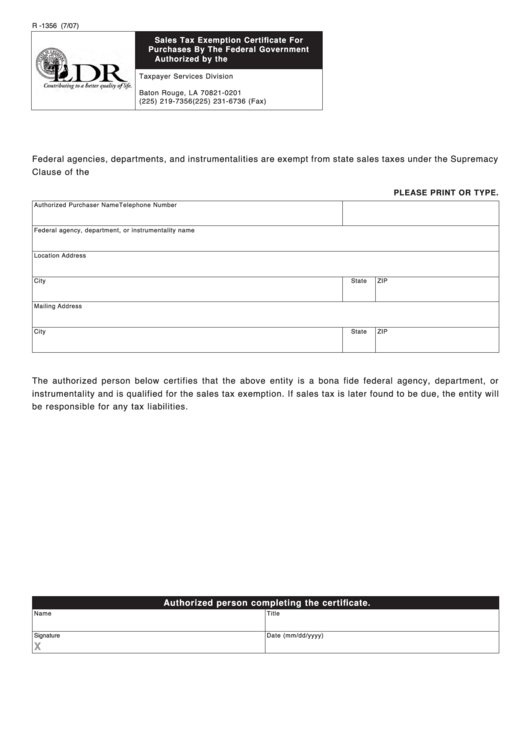 Fillable Form R -1356 - Sales Tax Exemption Certificate For Purchases By The Federal Government Authorized By The U.s. Constitution Printable pdf
