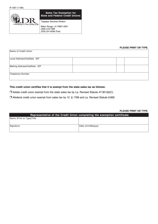 Fillable Form R-1357 - Sales Tax Exemption For State And Federal Credit Unions Printable pdf
