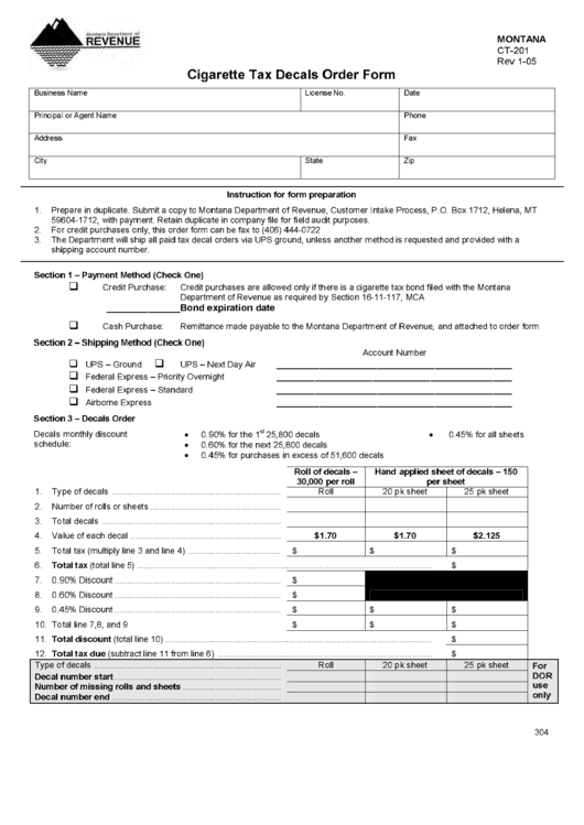 Fillable Montana Form Ct-201 - Cigarette Tax Decals Order Form Printable pdf