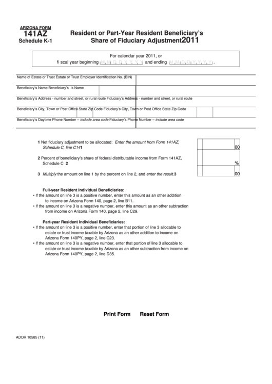 Fillable Arizona Form 141az - Schedule K1 - Resident Or Part-Year Resident Beneficiary
