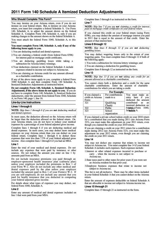 Form 140 - Schedule A - Itemized Deduction Adjustments Instruction - 2011 Printable pdf