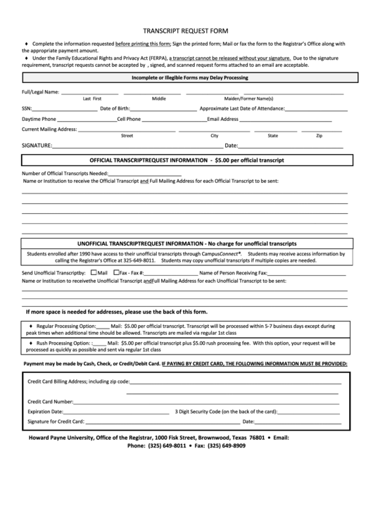 Fillable Transcript Request Form - Howard Payne University Printable pdf