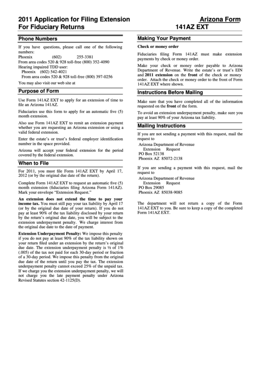 Arizona Form 141az Ext - Application For Filing Extension For Fiduciary Returns Instruction - 2011 Printable pdf