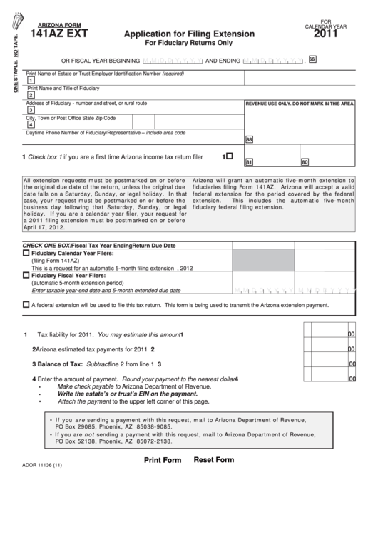 Fillable Arizona Form 141az Ext - Application For Filing Extension For Fiduciary Returns Only - 2011 Printable pdf