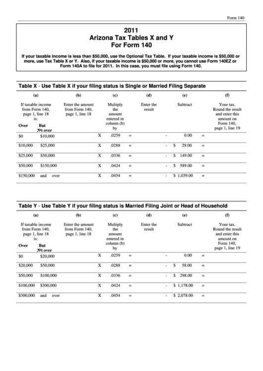 Arizona Tax Tables X And Y For Form 140 - 2011 Printable pdf