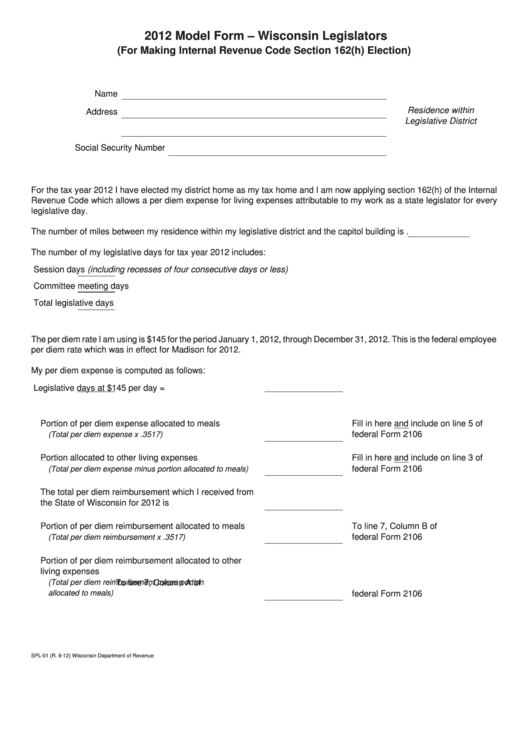 Fillable Model Form - Wisconsin Legislators Model Form - Wisconsin Legislators (For Making Internal Revenue Code Section 162(H) Election) - 2012 Printable pdf