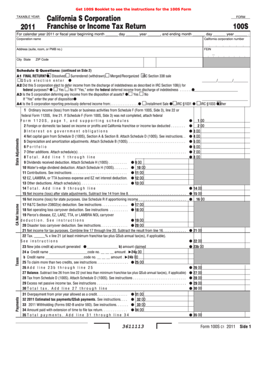 Fillable Form 100s - California S Corporation Franchise Or Income Tax Return - 2011 Printable pdf