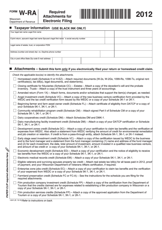 Fillable Form W-Ra - Required Attachments For Electronic Filing - 2012 Printable pdf