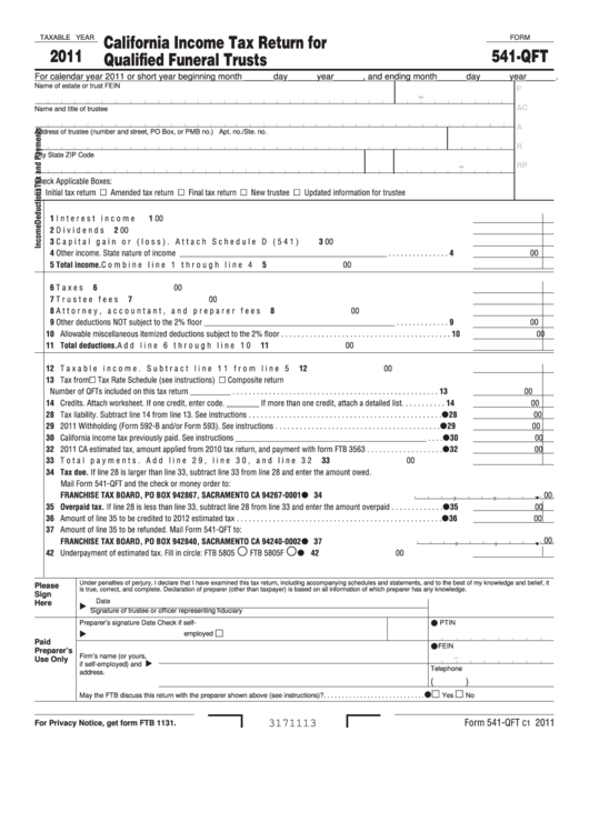 Fillable Form 541-Qft - California Income Tax Return For Qualified Funeral Trusts - 2011 Printable pdf