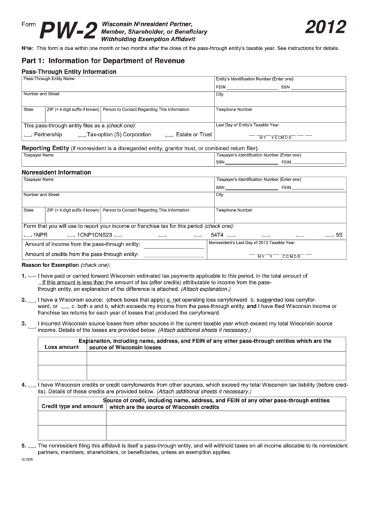 Fillable Form Pw-2 - Wisconsin Nonresident Partner, Member, Shareholder, Or Beneficiary Withholding Exemption Affidavit - 2012 Printable pdf