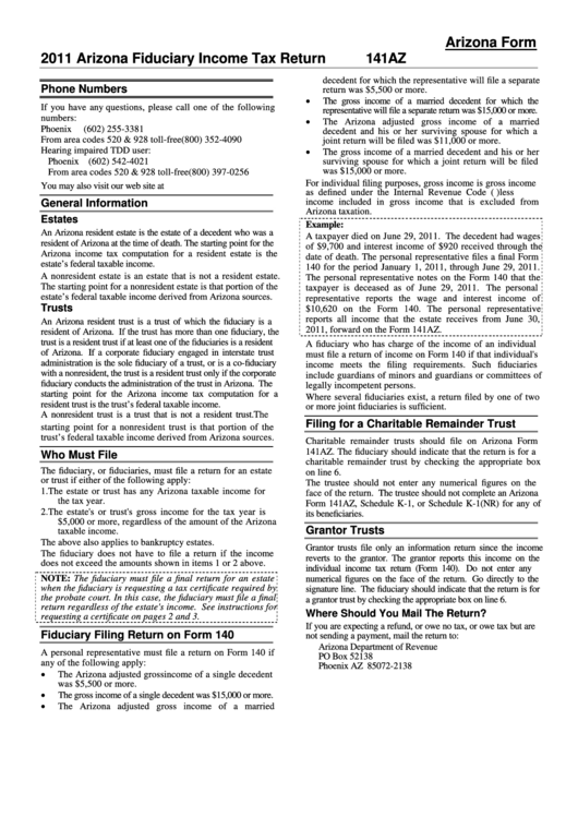 Arizona Form 141az - Arizona Fiduciary Income Tax Return - 2011 Printable pdf