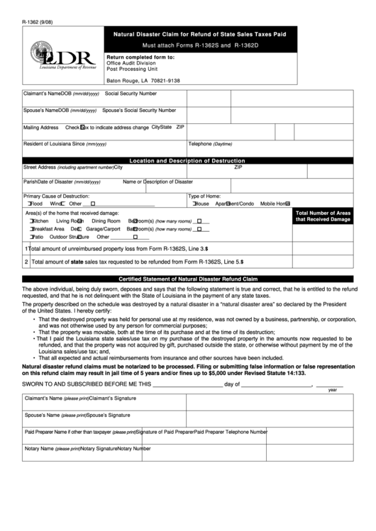 Fillable Form R-1362 - Natural Disaster Claim For Refund Of State Sales Taxes Paid Printable pdf