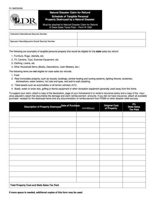 Fillable Form R-1362d - Natural Disaster Claim For Refund Schedule Of Tangible Personal Property Destroyed By A Natural Disaster Printable pdf