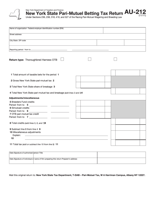 Form Au-212 - New York State Pari-Mutuel Betting Tax Return Printable pdf