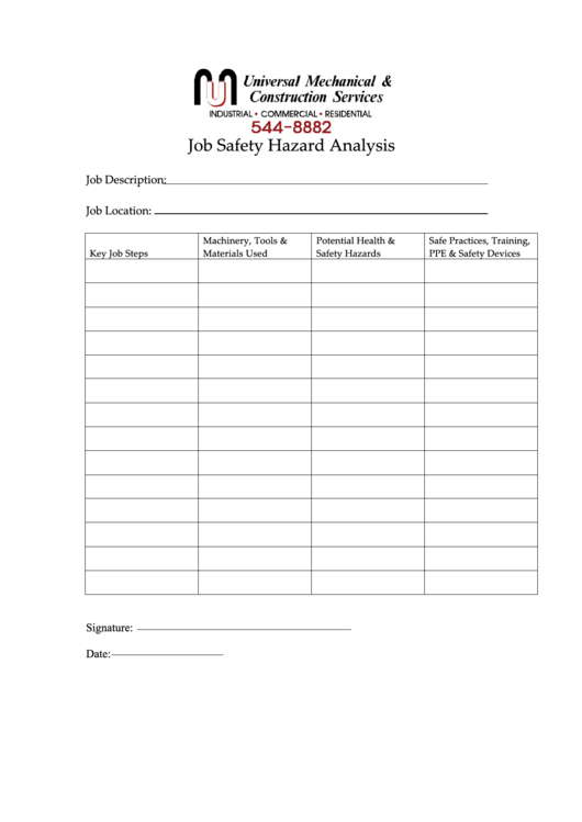 Job Safety Hazard Analysis Printable pdf