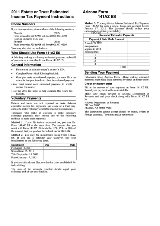 Arizona Form 141az Es - Estate Or Trust Estimated Income Tax Payment Instructions - 2011 Printable pdf