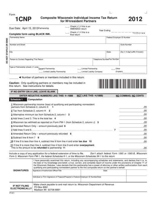 Fillable Form 1cnp - Composite Wisconsin Individual Income Tax Return For Nonresident Partners - 2012 Printable pdf