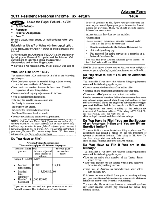 Arizona Form 140a Instruction - Resident Personal Income Tax Return - 2011 Printable pdf
