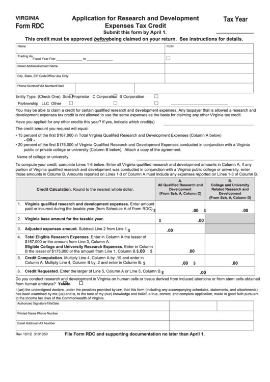 Fillable Virginia Form Rdc - Application For Research And Development Expenses Tax Credit Printable pdf